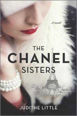 The Chanel Sisters by Judithe Little book cover with Eiffel Tower and white woman wearing red lipstick and pearls