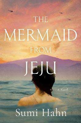 The Mermaid from Jeju by Sumi Hahn book cover with woman's head poking out of water and looking at purple mountains