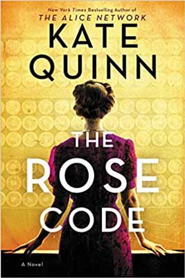 The Rose Code by Kate Quinn book cover with woman's back turned and maroon dress