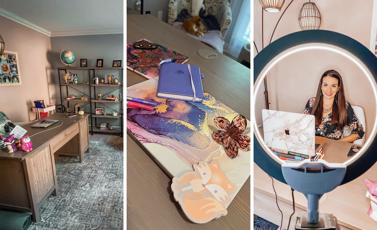 photo collage of home office, laptop, and me blogging