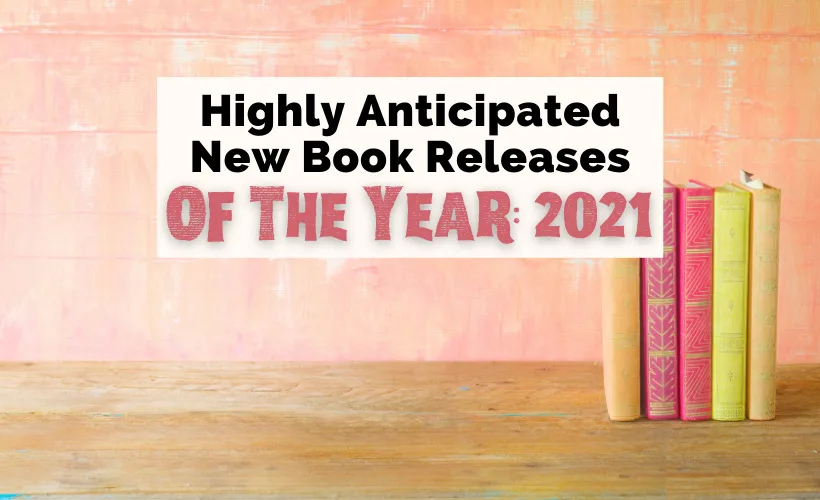 Upcoming 2021 New Book Releases with peach wall, wooden floor, and 5 colored books standing up