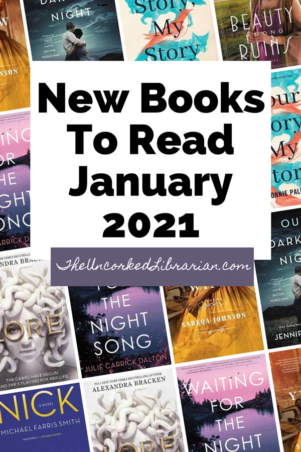 Upcoming New January 2020 book releases Pinterest pin with book covers for Nick by Michael Farris Smith, Lore by Alexandra Bracken, Waiting For The Night Song by Julie Carrick Dalton, Yellow Wife by Sadeqa Johnson, Our Darkest Night by Jennifer Robson, My Story, Your Story by Connie Palmen, and Beauty Among Ruins by J'nell Ciesielski