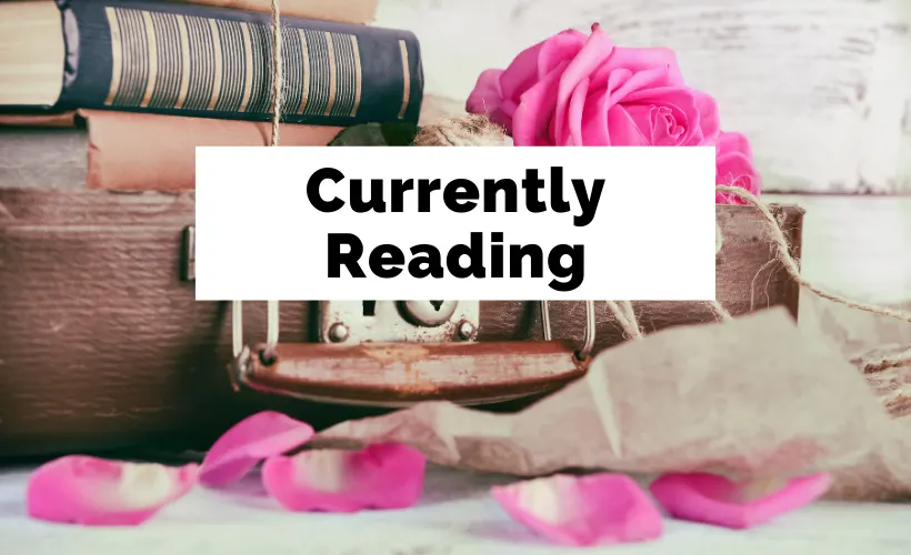 Currently Reading with suitcase, hot pink flowers, old books