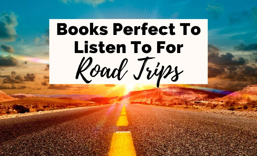 Best Audiobooks For Road Trips with road, yellow dotted road lines, blue sky and sunset
