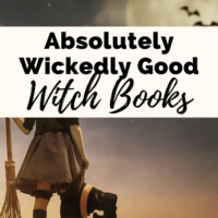 Wickedly witch books about witches with picture of young witch holding a broomstick and looking at the moon