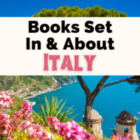 Books About Italy with picture of Amalfi Coast with blue water and pink flowers