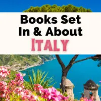 Books About Italy with picture of Amalfi Coast with blue water and pink flowers