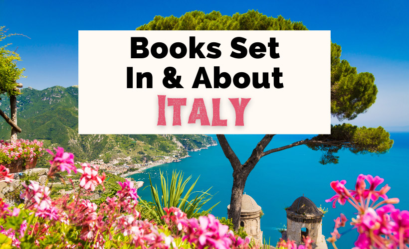 Books About Italy with picture of Amalfi Coast with blue water and pink flowers