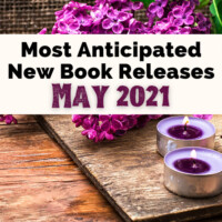 May 2021 book releases with three purple candles and purple bouquet of flowers