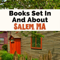 Salem Witch Trials books and books set in Salem, MA with purple and brown Salem Witch Trial Memorial