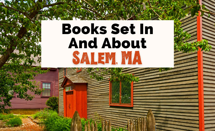 Salem Witch Trials books and books set in Salem, MA with purple and brown Salem Witch Trial Memorial