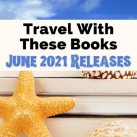 June 2021 Book Releases with pile of books on tropical beach with yellow starfish