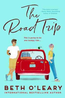 The Road Trip by Beth O’Leary book cover with red car and two people standing on each side leaning on the car