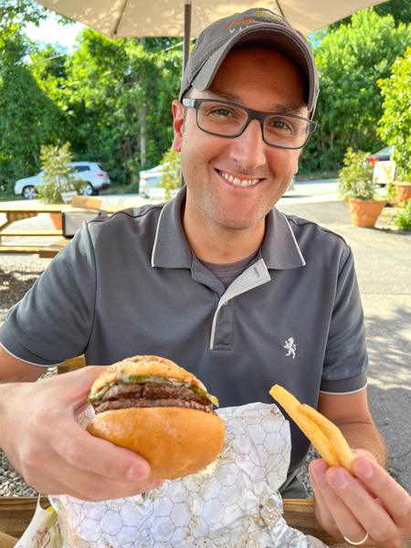 Tom with GF burger at Baby Bull