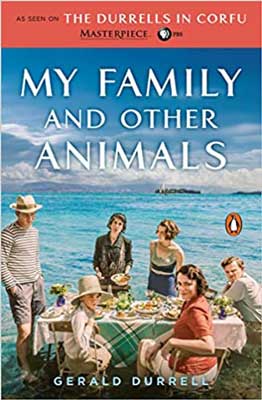 My Family and Other Animals by Gerald Durrell book cover with family having a picnic and water behind them