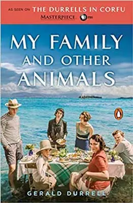 My Family and Other Animals by Gerald Durrell book cover with family having a picnic and water behind them