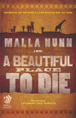 A Beautiful Place to Die by Malla Nunn tan book cover with shadow of giraffe and trees