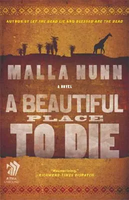 A Beautiful Place to Die by Malla Nunn tan book cover with shadow of giraffe and trees