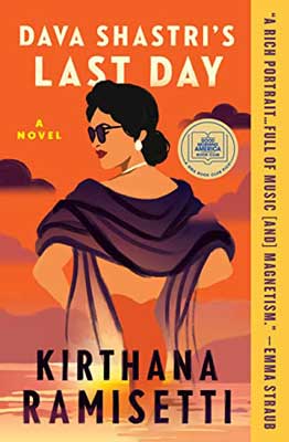 Dava Shastri's Last Day by Kirthana Ramisetti book cover with sleek middle aged woman with dark hair, sunglasses and purple shawl and orange sky with clouds