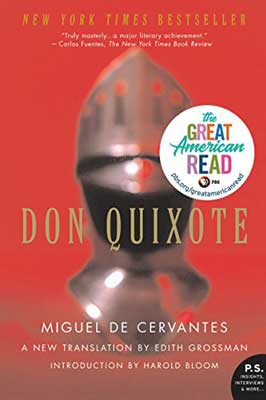 Don Quixote by Miguel de Cervantes book cover with bronze armor helmet