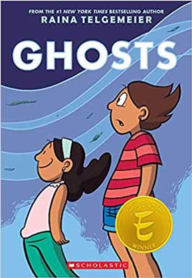 Ghosts by Raina Telgemeier book cover with illustrated children with hair blowing in breeze, one looking shocked and one smiling