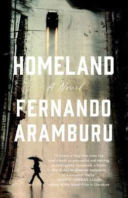 Homeland by Fernando Aramburu book cover with person crossing the road with umbrella and car with lights coming toward them