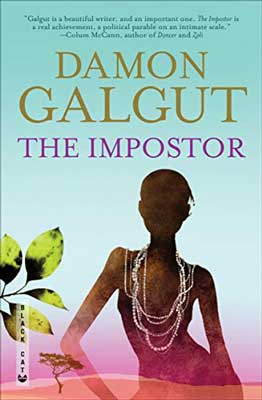 The Impostor by Damon Galgut book cover with silhouette of person wearing a necklace and leaves 