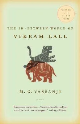 The In-Between World of Vikram Lall by M.G. Vassanji book cover with light green background and orange elephant with gray tiger