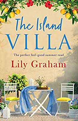 The Island Villa by Lily Graham book cover with two empty chairs at quaint table with blue cloth and flowers