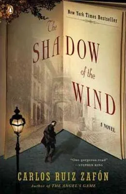 The Shadow of the Wind by Carlos Ruiz Zafón book cover with street lamp and person walking stealthily away with buildings in background 
