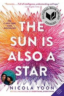 The Sun Is Also a Star by Nicola Yoon book with burst of yellow, pink and purple color