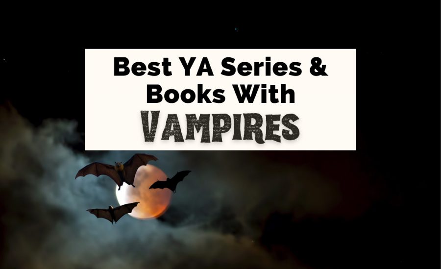 Best Vampire Books For Teens with picture of three bats flying in front of orange moon