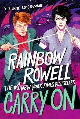 Carry on by Rainbow Rowell book cover with sketched white black hair and red hair males