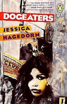 Dogeaters by Jessica Hagedorn book cover with woman's face, statue, and doorway saying 'club'