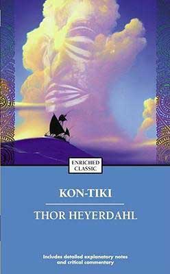 Norwegian book, Kon-Tiki by Thor Heyerdahl book cover with boat on water and cloud with human face