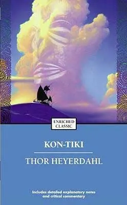 Norwegian book, Kon-Tiki by Thor Heyerdahl book cover with boat on water and cloud with human face