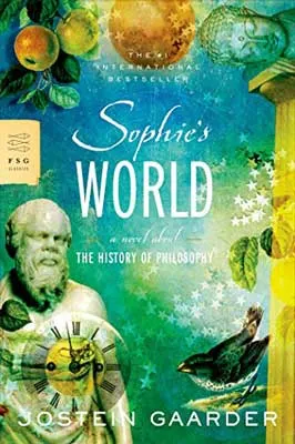 well-known Norway books, Sophie's World by Jostein Gaarder book cover with blue and green background, bust, and green leaves