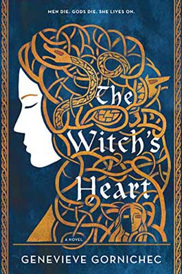 The Witchs Heart by Genevieve Gornichec book cover with white woman's face and gold tangle of hair in shapes