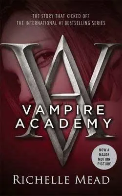 Vampire YA books, Vampire Academy by Richelle Mead maroon book cover with vampire female looking between the letters