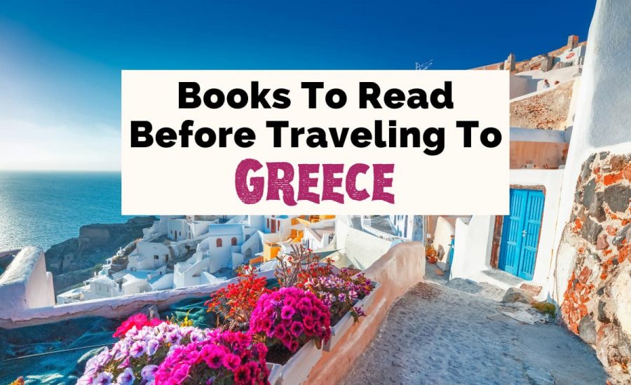 Best Books About Greece and Greek Books with picture of white and blue houses and alley in Santorini, Greece with pink flowers and blue water