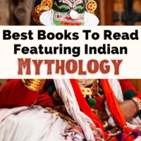 Best Indian Mythology Books And Hindu God Stories with photo of costume from Kathakali dance show in Cochin India reenacting scenes from The Mahabharata