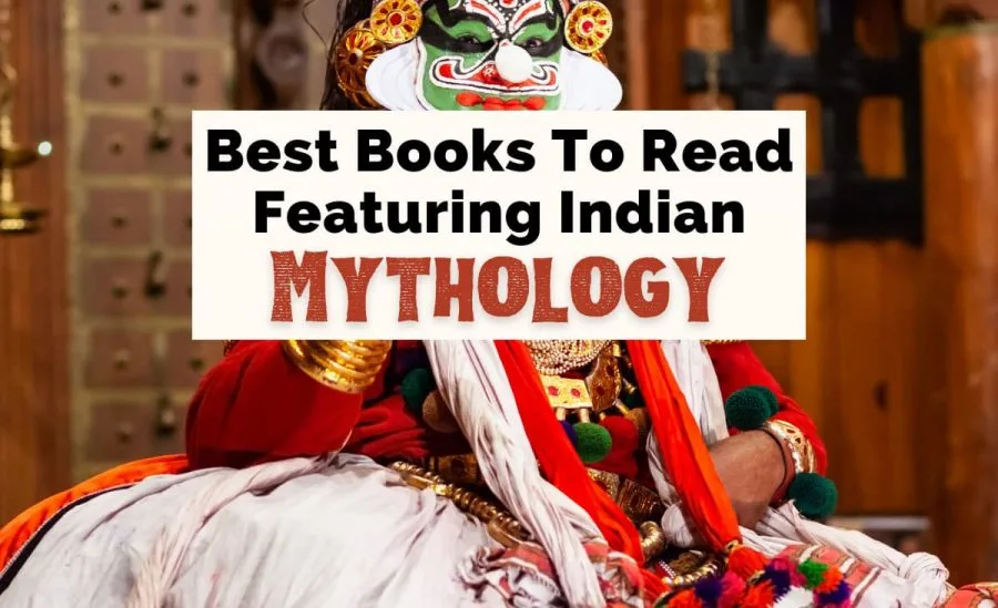 Best Indian Mythology Books And Hindu God Stories with photo of costume from Kathakali dance show in Cochin India reenacting scenes from The Mahabharata