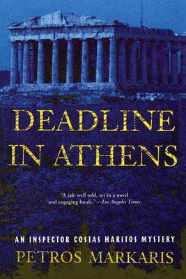 Deadline in Athens by Petros Markaris book cover with blue coloring and Acropolis