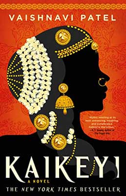 Kaikeyi by Vaishnavi Patel book cover with silhouette of woman in jewels on orange background