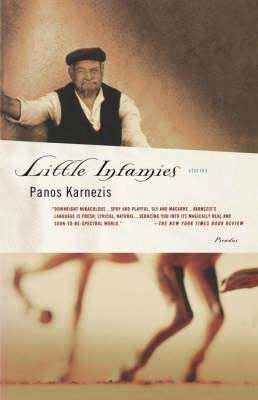 Little Infamies by Panos Karnezis book cover with older man wearing a black hat and legs dancing