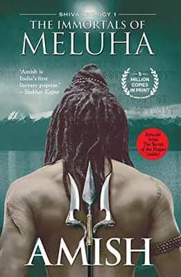 The Immortals of Meluha by Amish Tripathi book cover with man holding triton behind his back