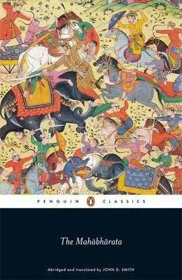 The Mahabharata book cover with brightly sketched and close together horses, elephants and people