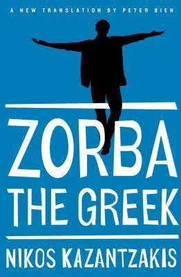 Zorba the Greek by Nikos Kazantzakis book cover with blue background and person straddling a white line