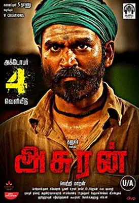 Asuran 2019 Indian Movie poster with image of Indian man wearing green hat and he has a beard and mustache and is wearing a brown shirt