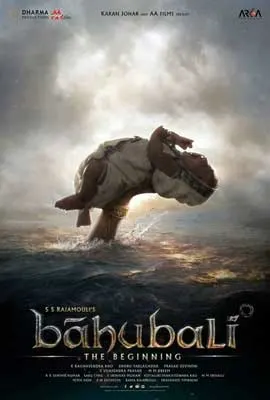 Baahubali: The Beginning movie poster with arm and hand holding baby up over water with clouds in sky